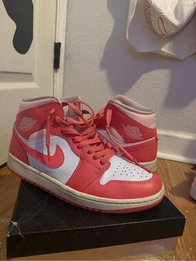 Jordan Pink and White Mid-Top Sneakers